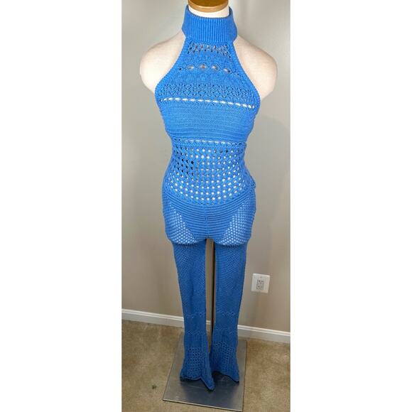 Retrofete Kalena Knit Crochet Tropical Blue Flared Jumpsuit Size Small - Picture 7 of 12